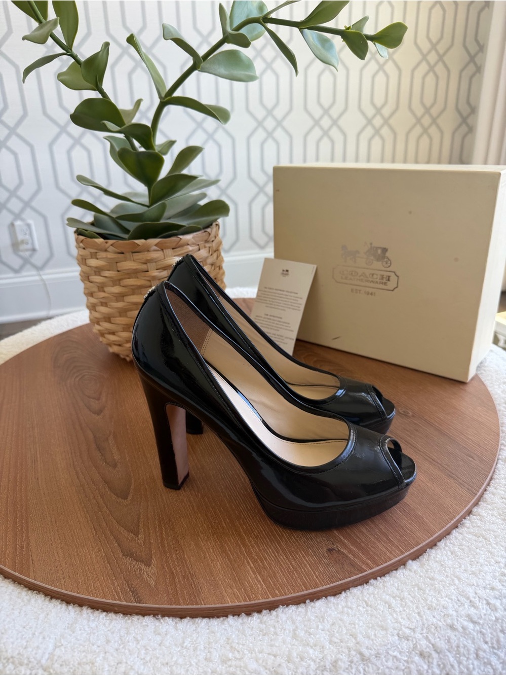 Coach Breana Patent Leather Peep Toe Platform Heels Black Size 7.5 Like New